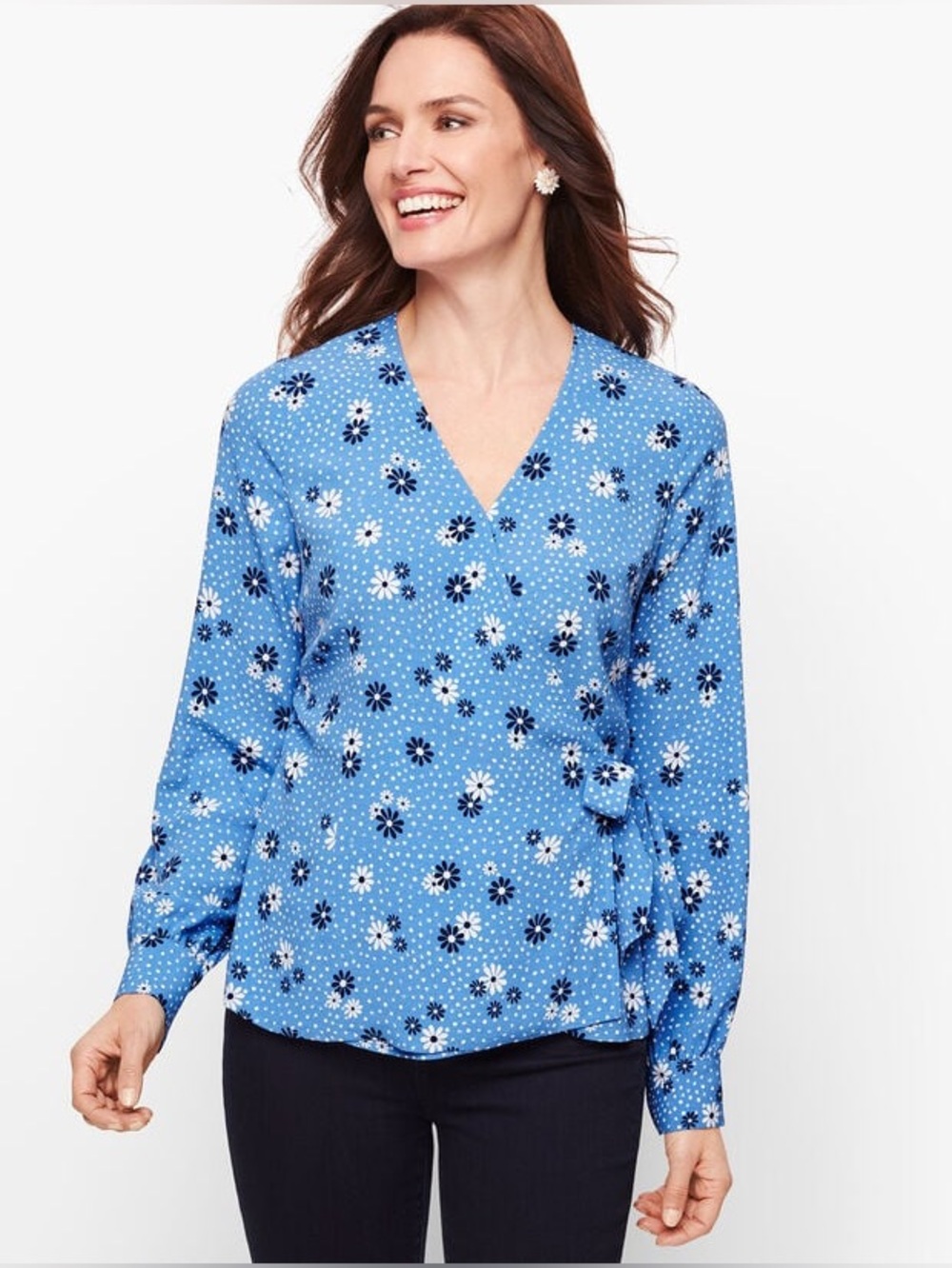 Talbots women’s poet sleeve wrap top flowers and dots size large petite NWT